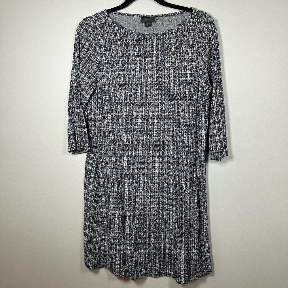 J. Jill Wearever Medium Petite Black White Tweed Pattern 3/4 Sleeve Dress